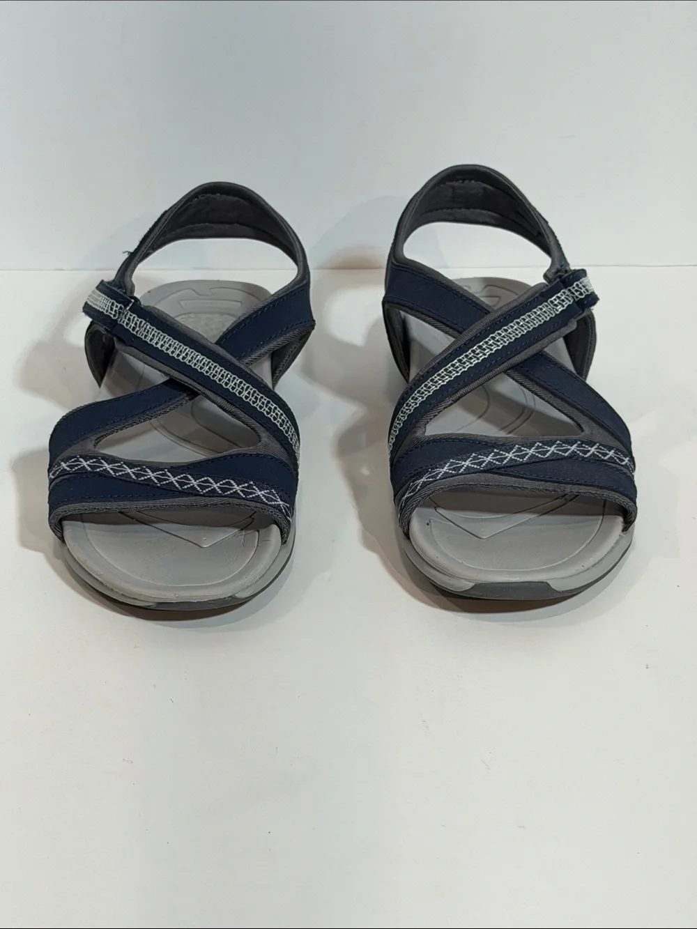 Dr Scholls Size 6.5 Navy Gray Strappy Walking Sandals Gel Heel Cushion Comfort